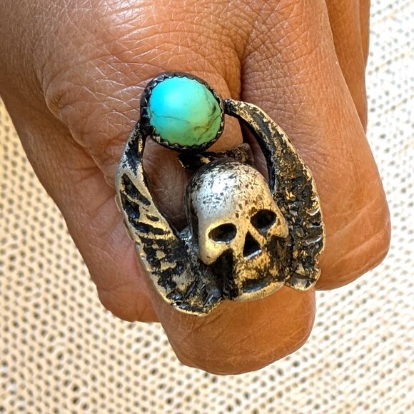 Death Rider Skull Ring Sterling Silver Turquoise size 7 Native American 13.9g - Picture 1 of 10